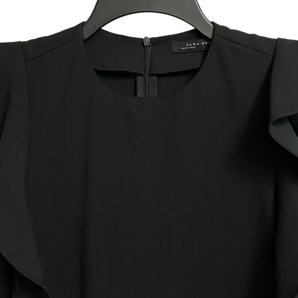 ZARA Women's Shift Midi Dress Size XS Black Ruffled Flutter Sleeves Fairy - Picture 4 of 13